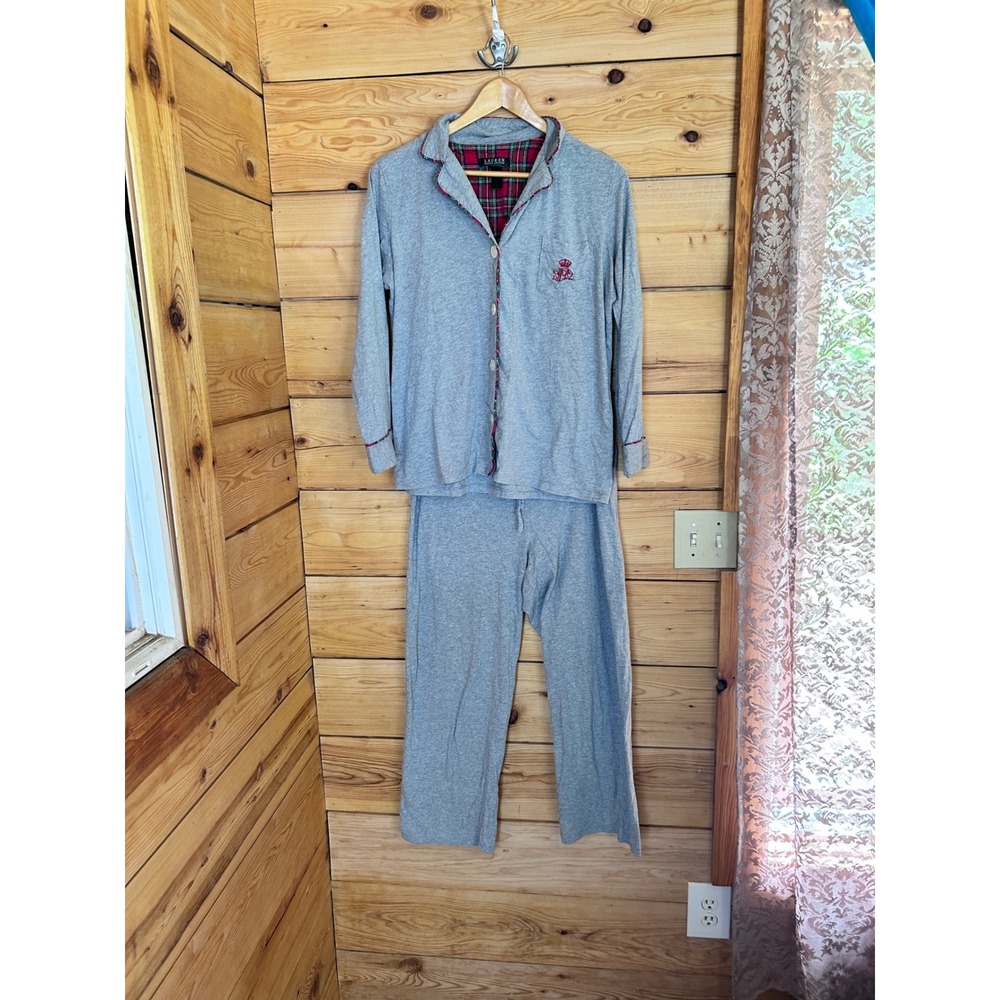 Lauren Ralph Lauren PJ Set Women Medium Grey Red Plaid Trim Knit‎ Jersey Pajamas